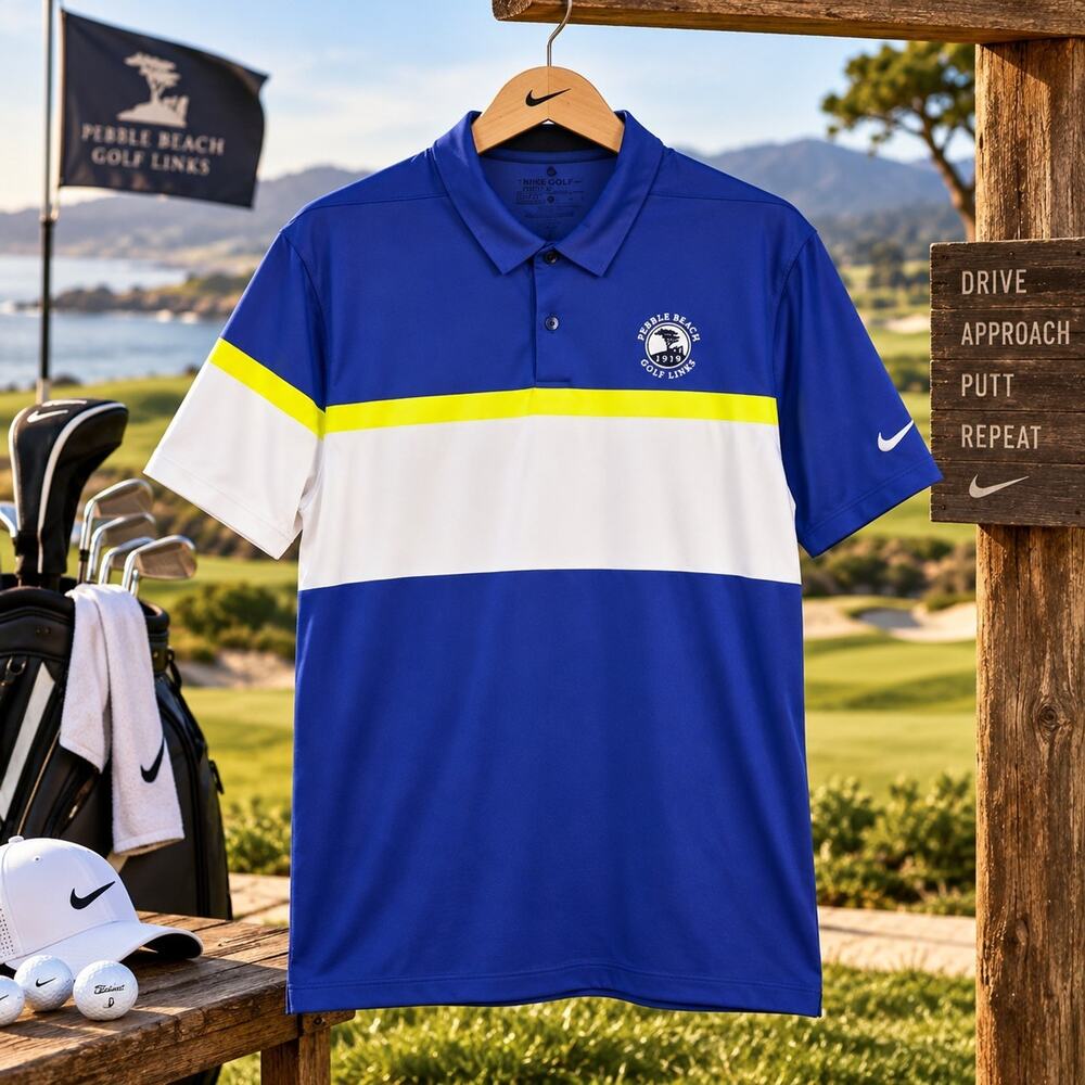 Nike Golf Dri-FIT Pebble Beach Golf Links Polo Mens Large L Blue White Volt